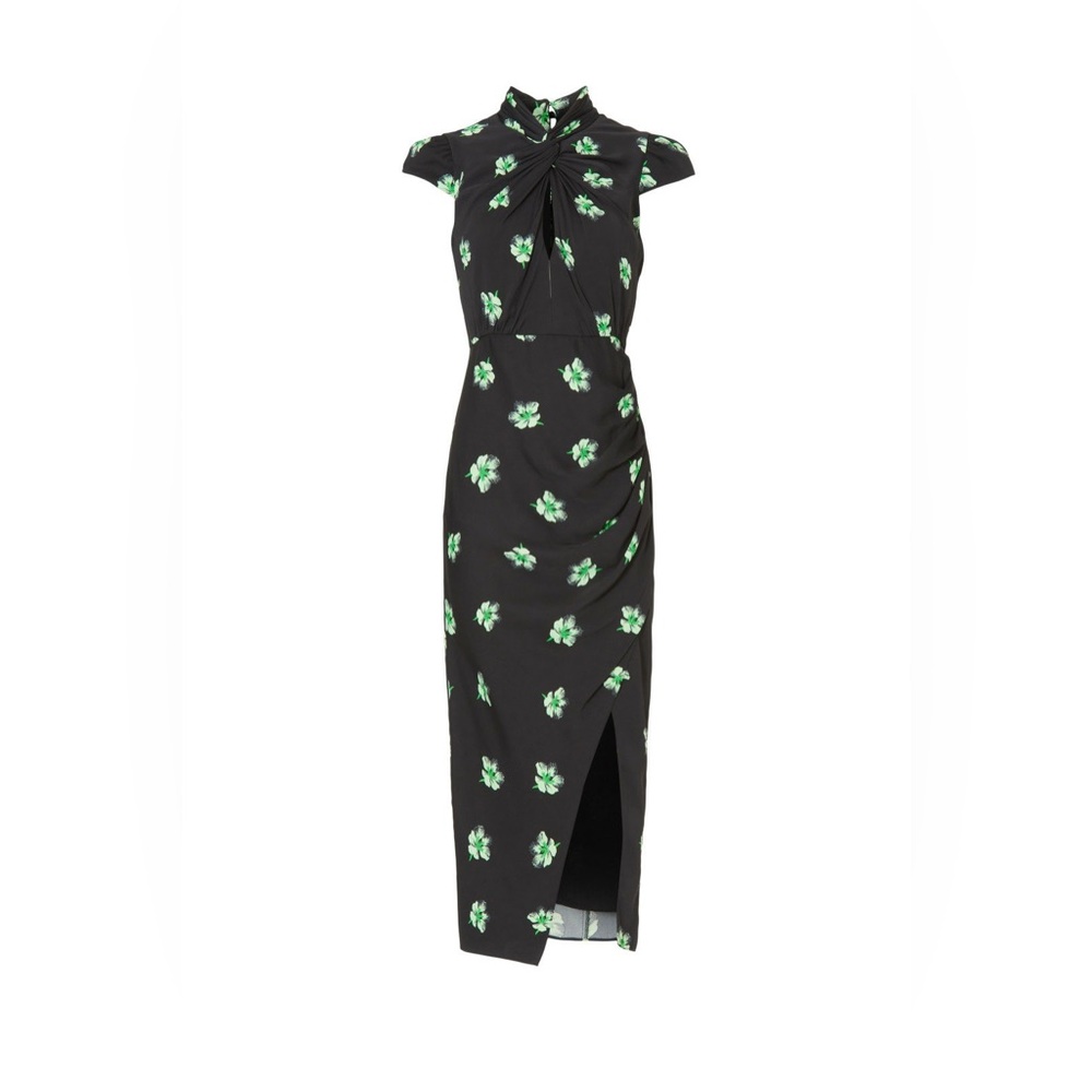 Self-Portrait Size 10 Pansy Print Knot Stretch Woven Maxi Dress In Black - Picture 5 of 9